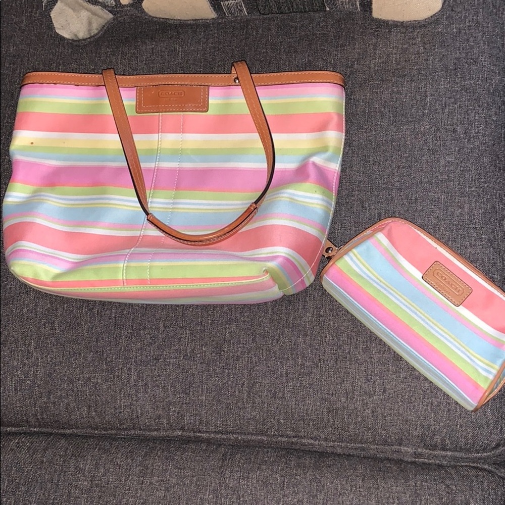 Coach multicolor pastel fabric tote & makeup bag